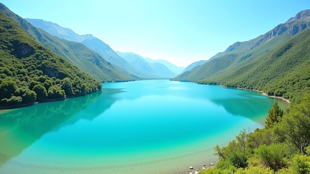 Hermoso lago de montaña rodeado de árboles y acantilados, agua cristalina, cielo despejado