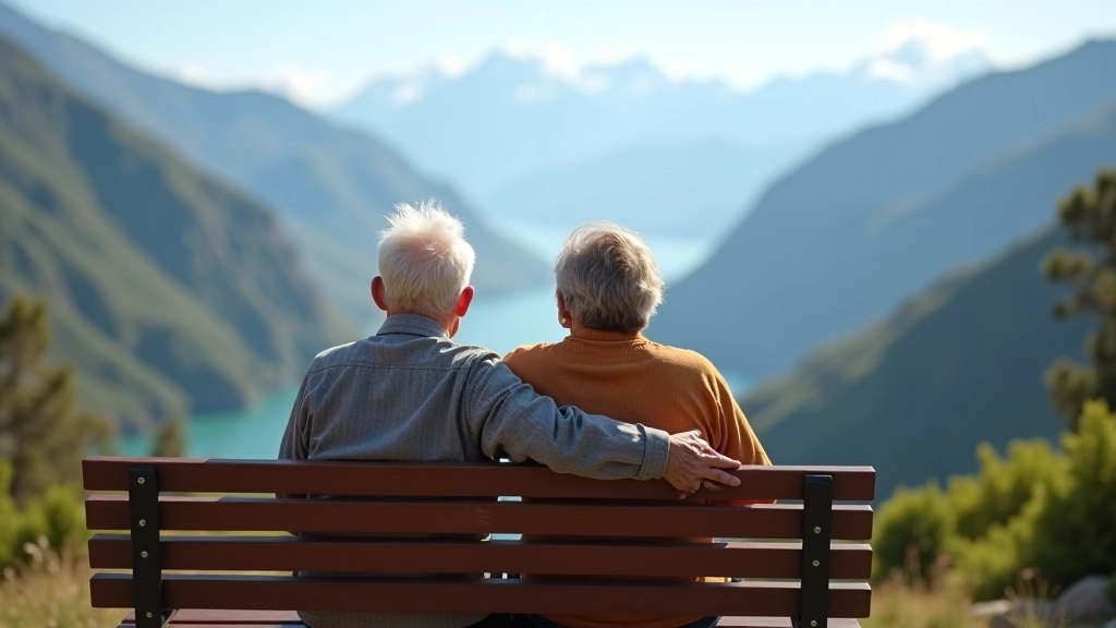 Pareja de jubilados sonriendo en un mirador de montaña con vistas panorámicas al fondo